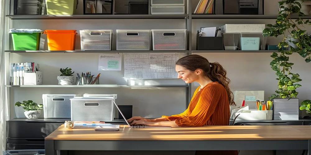 Person with organized workspace using labeled bins and clean desk setup