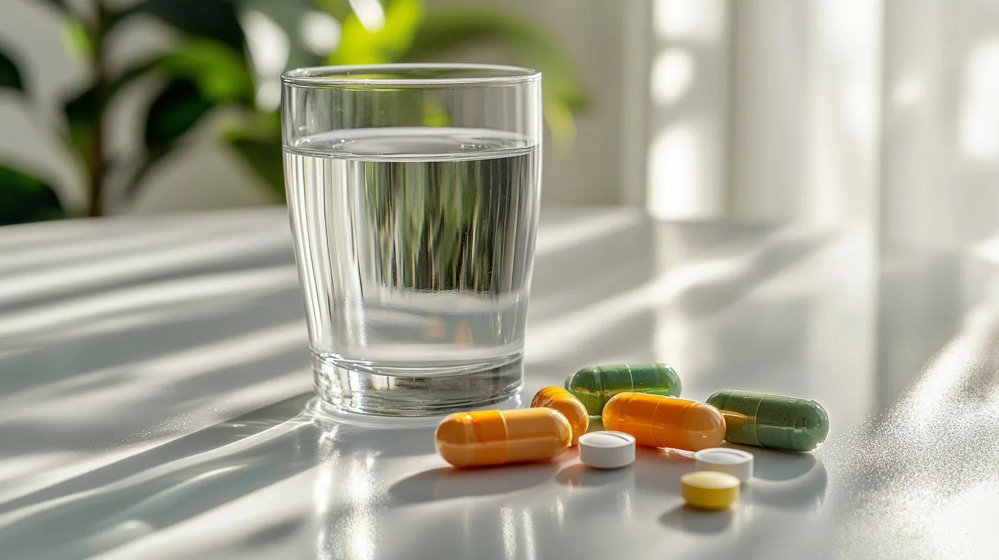 ADHD capsules and vitamin supplements next to glass of water in morning light