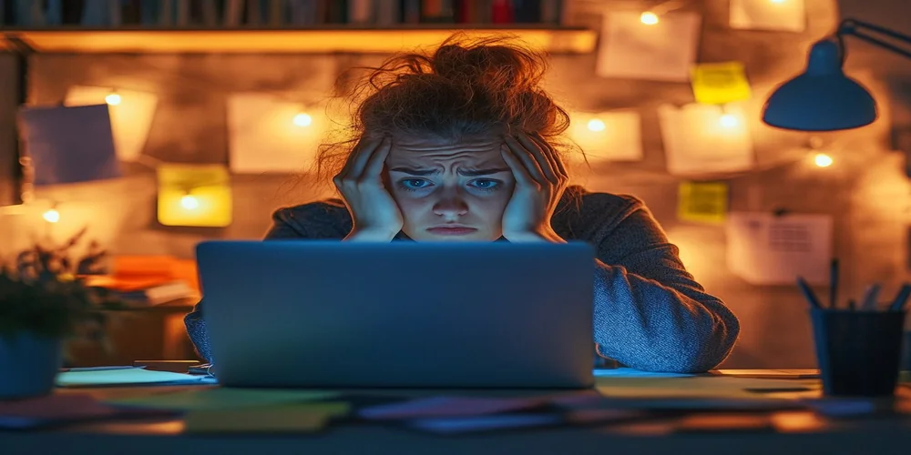 Person staring at laptop surrounded by scattered papers feeling overwhelmed