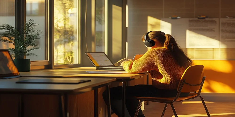 Student using noise-canceling headphones to focus while studying in classroom