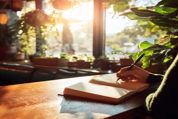 Person writing in journal at coffee shop building daily ADHD habits