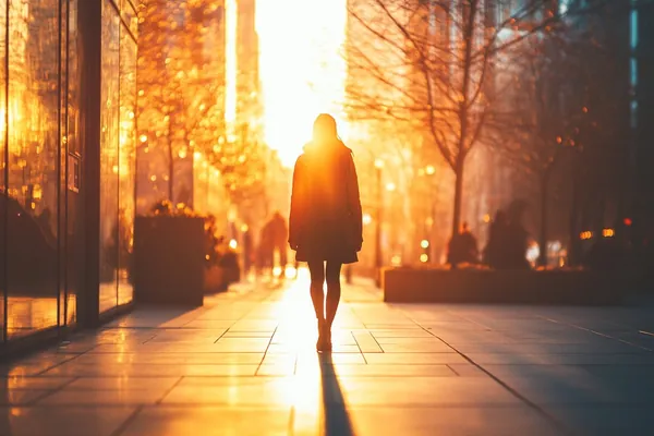 Person walking confidently through city street at sunset