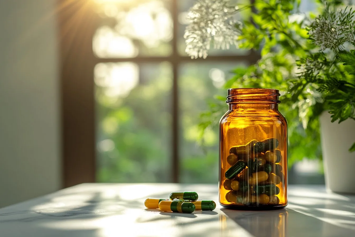 Organized ADHD medication bottles beside daily planner on bright kitchen counter